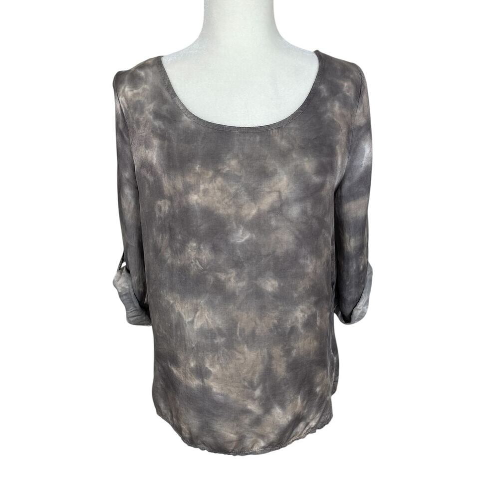 Prontomoda Giusy Silk Tunic Top Roll Tab Sleeves Neutral Women's Size Medium